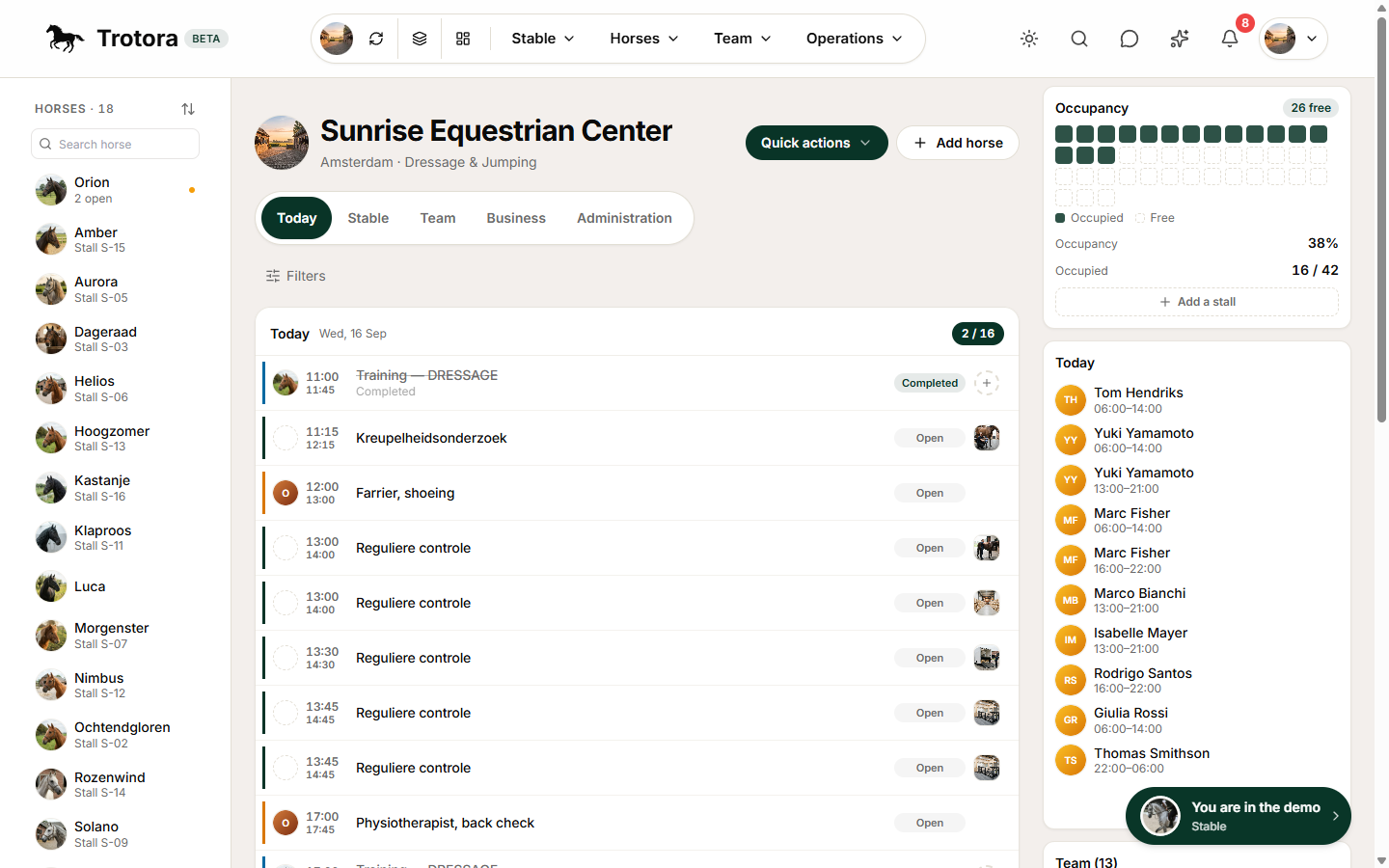 Stable management: occupancy, daily schedule, team and tasks of a livery yard.